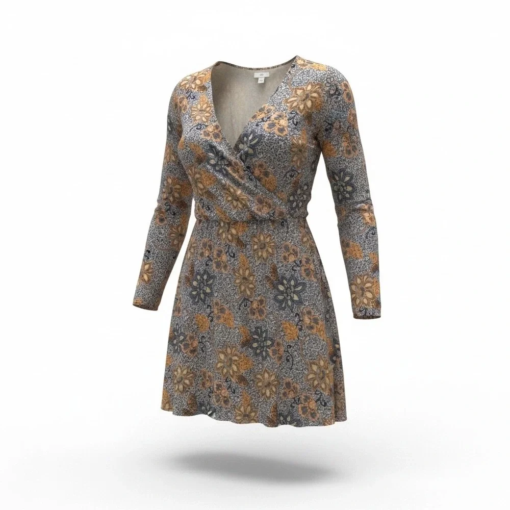 Free People Floral Batik Wrap Mini Dress Blue Orange Long Sleeve V-Neck Large